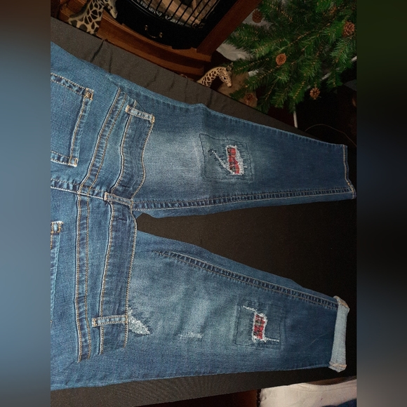Womens size 14, Contemporary Denim jeans, Plaid patches - Picture 3 of 4